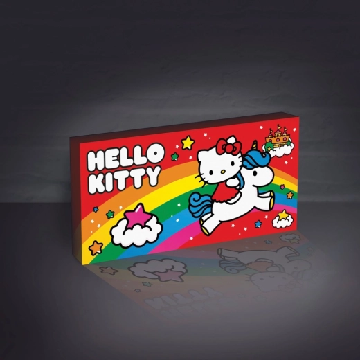 Hello Kitty šviečiantis paveikslas ant sienos su vienaragiu