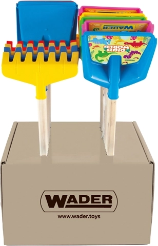 Wader Happy Summer vaikiškas kastuvėlis arba grėbliukas su ilga medine rankena