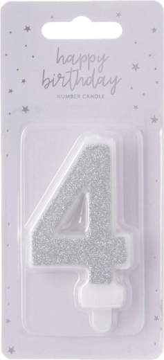 Tortinė žvakutė skaičius 4, sidabrinė metalinė, 7 cm
