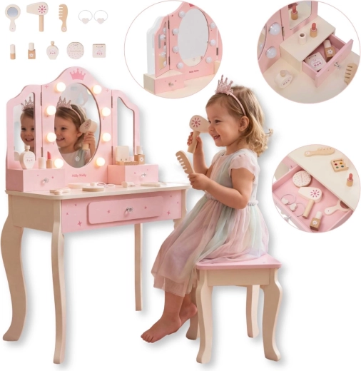 Milly Mally Queen Pink Children's Wooden Vanity Table with LED Mirror