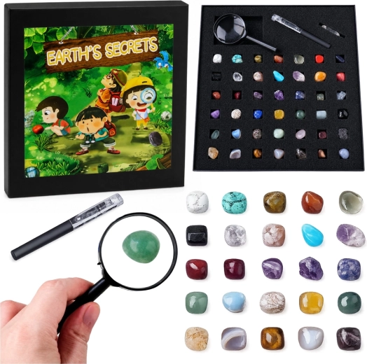 Set of Natural Minerals and Crystals 43 pcs with Magnifying Glass and Pen