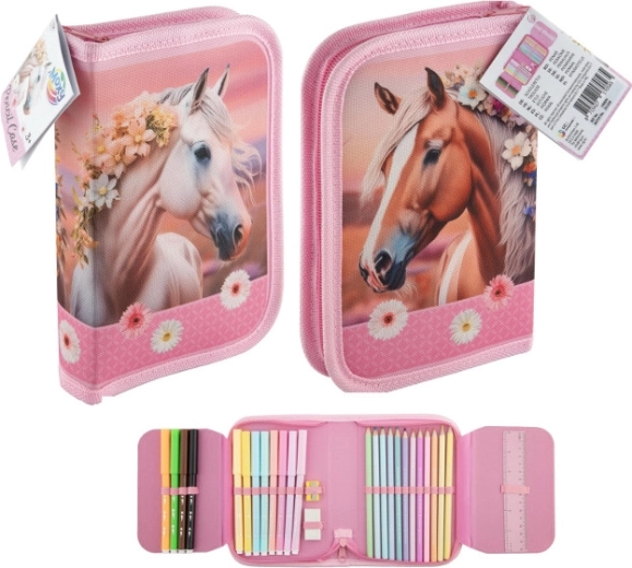 School Pencil Case with Horse Design and Supplies