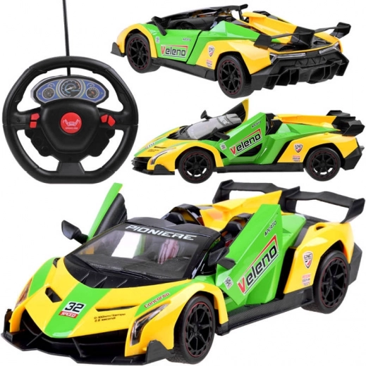 RC sports car with opening doors and a steering-wheel controller – Yellow