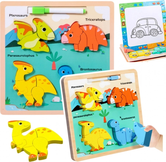 Medinė edukacinė dėlionė „Dinozaurai“ su piešimo lentele