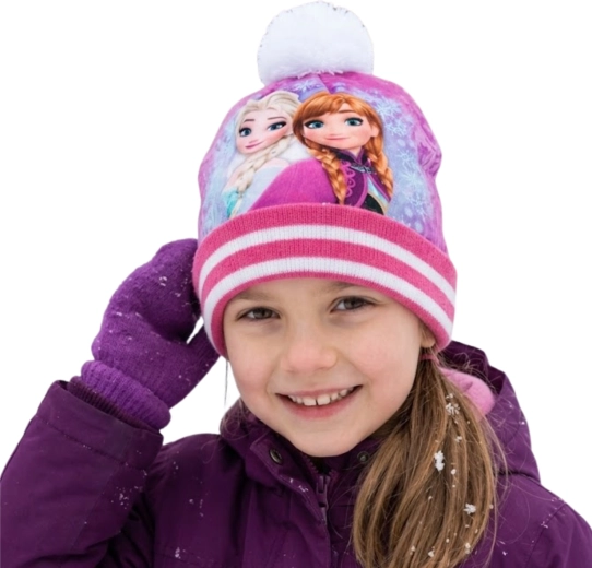 Children's winter beanie Disney Frozen Elsa and Anna with pom-pom, dark pink
