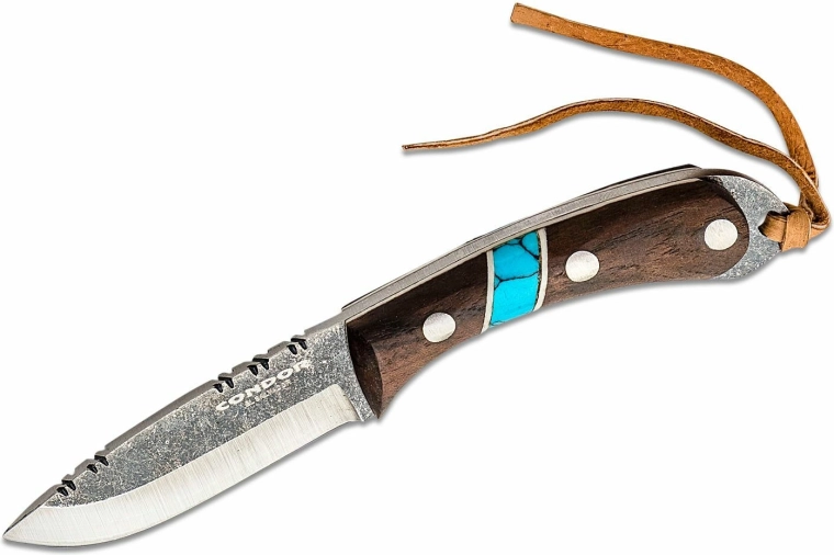 Kaklo peilis CONDOR Blue River 5,9 cm, riešutmedžio mediena, turkis, odinis dėklas