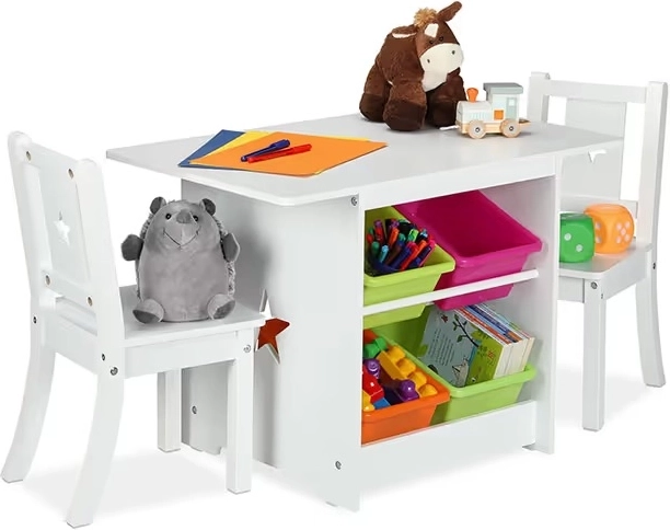 Children's table with 2 chairs and storage boxes