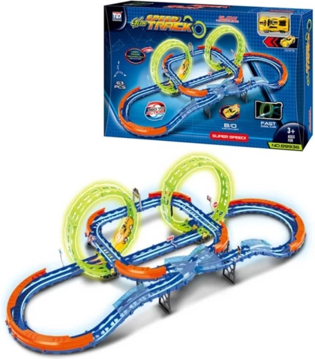 Glow-in-the-dark race track with intersection and loops with LED car
