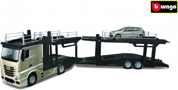 Bburago Street Fire sunkvežimis su priekaba Multicar Carrier Mercedes‑Benz Actros + VW Polo GTI 1:43