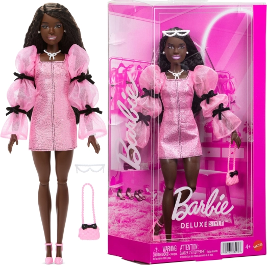 Mattel Barbie Deluxe Style madinga lėlė rožinės–juodos spalvų aprangoje su priedais