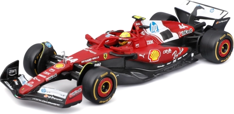 Bburago Formula 1 model Ferrari SF-25 2025 Lewis Hamilton 1:43 in an acrylic display case