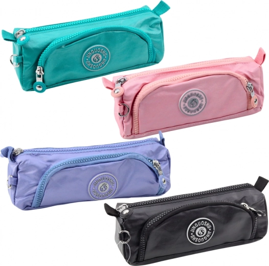 School pencil case with two pockets and a keychain