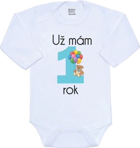 Baby bodysuit with print New Baby I’m already 1 year old, blue, size 86