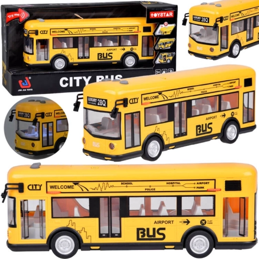 Geltonas miesto autobusas su šviesomis, garsais ir atidaromomis durimis