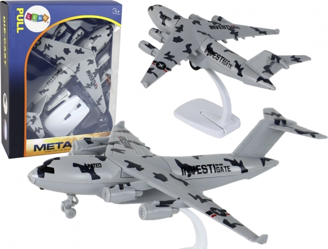 Gray UNITED military airplane model with lights, sounds, and pull-back action