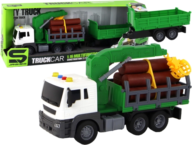 Green forestry truck with crane and trailer 1:16 with sounds and flywheel