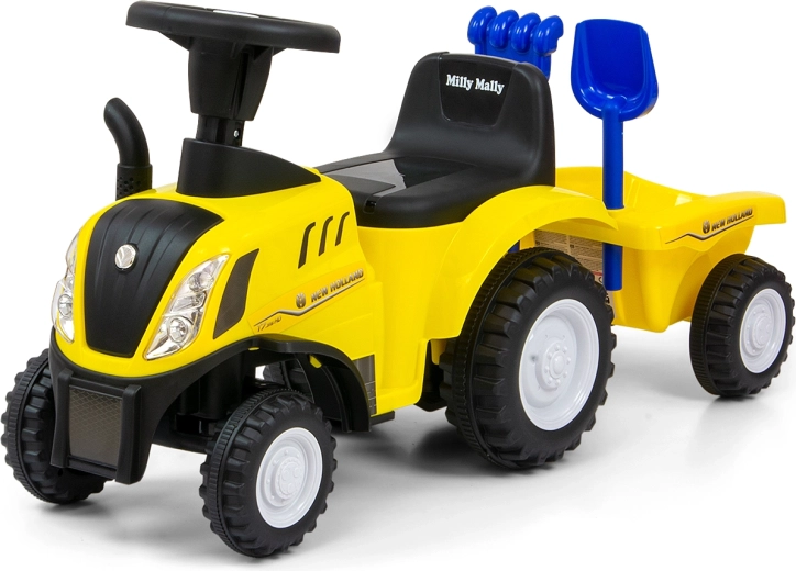 Milly Mally vaikiškas pasispiriamas traktorius New Holland T7 su atverčiama priekaba, geltonas