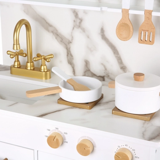 Wooden play kitchen for kids – white with marble design