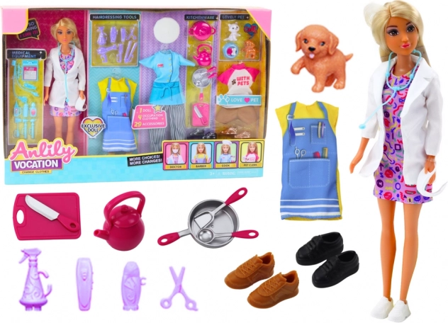 Anlily 4-in-1 Doll – doctor, hairdresser, chef, and animal caregiver with outfits and accessories