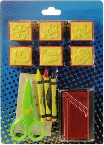 Colorful stamp set with sponge, crayons, and scissors