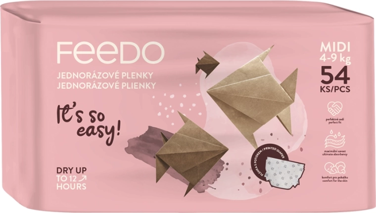 FEEDO vienkartinės sauskelnės midi 3 (4–9 kg) 216 vnt. – mėnesinis paketas