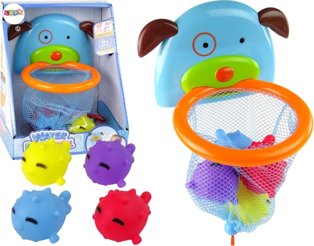 Maudynių žaislas mini krepšinis su šuniuku ir guminėmis žuvytėmis