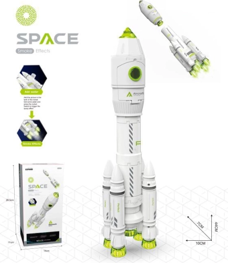 Kosminė raketa su astronautu – dūmai, šviesa ir garsas