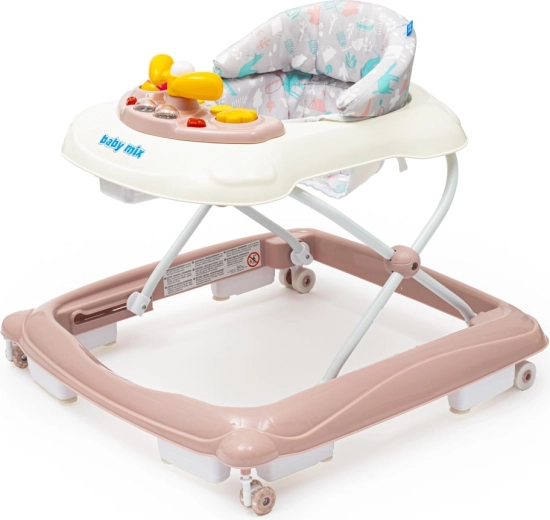 Vaikiškas vaikštynė BABY MIX su vairu ir silikoniniais ratukais – rožinė