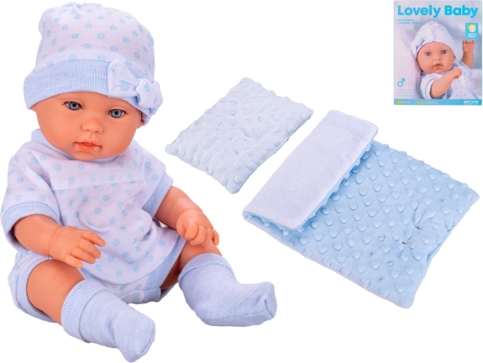 Kūdikis su patalėliais 33 cm – mėlynai baltas drabužėlis