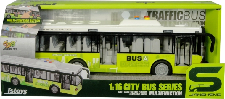 Žalias miesto autobusas su šviesomis ir garsais