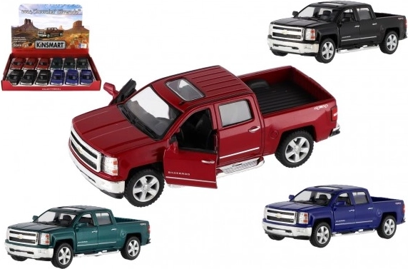 Kinsmart Chevrolet Silverado 2014 metalinis modeliukas, 1:46, 13 cm, atbulinės eigos (pull-back) mechanizmas, 4 spalvos