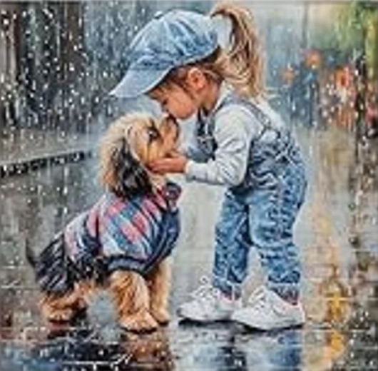 Deimantinė mozaika – mergaitė su šunimi lietuje 30 × 40 cm