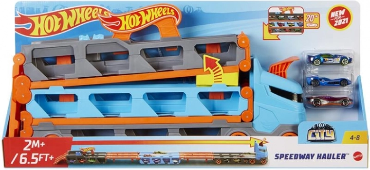 Hot Wheels lenktynių transporteris 2 viename su 1,8 m trasa ir vieta 20 automobiliukų
