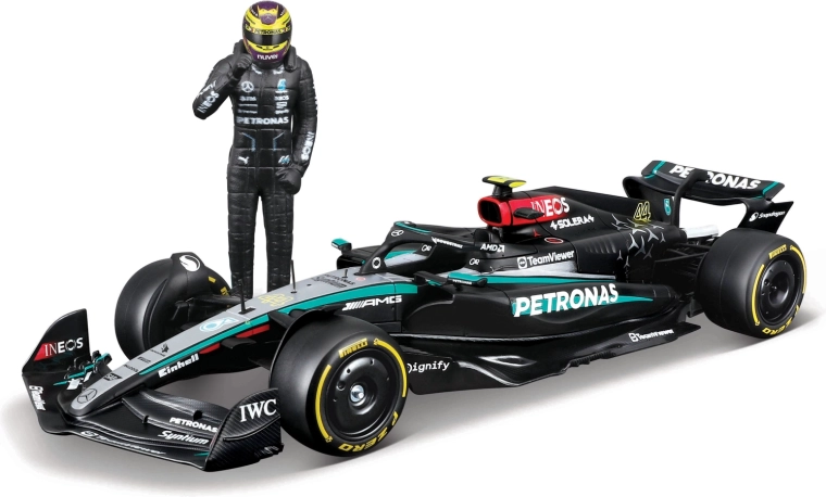 Bburago F1 modelis Mercedes-AMG Petronas W15 2024 Lewis Hamilton 1:24 su lenktynininko figūrėle