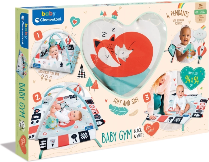 Clemmy Baby black-and-white baby play mat with activity arch