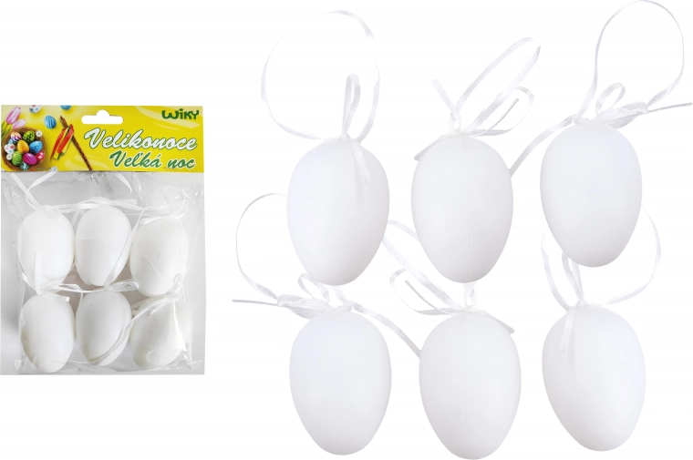 Dekoratyviniai balti plastikiniai kiaušiniai pakabinimui 6 cm