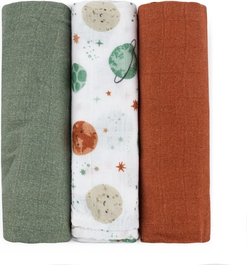 Petite&Mars bambukinės muslino sauskelnės Moussy Celestial Planets 68 × 68 cm (3 vnt.)