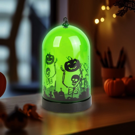 Green Halloween LED lantern with skeleton pattern