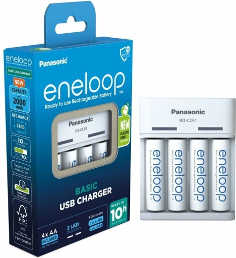 Panasonic Eneloop EKO USB įkroviklis BQ-CC61 + AA įkraunamos baterijos 2000 mAh (4 vnt.)