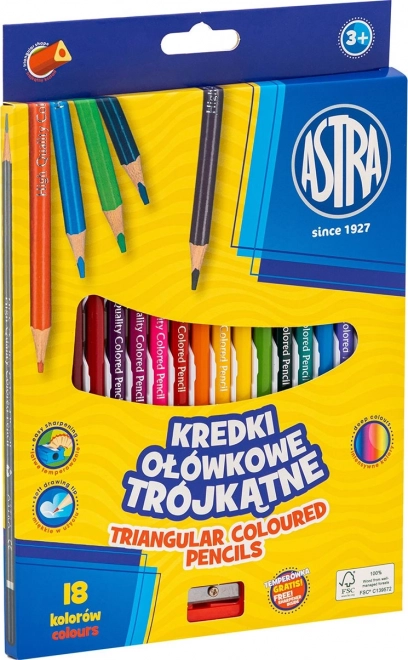 Astra trikampiai spalvoti pieštukai 18 vnt. su drožtuku