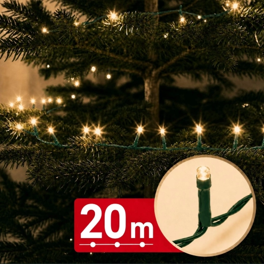 20 m LED string lights, 400 LEDs, warm white, green cable