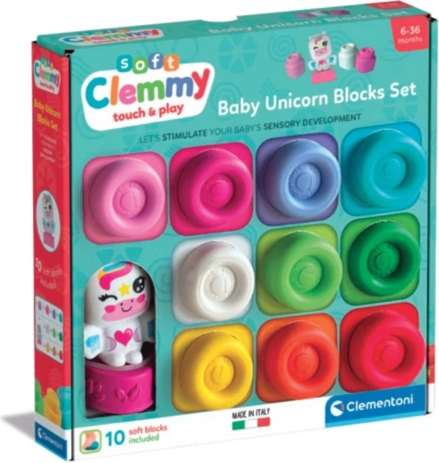 Minkštos kaladėlės SOFT CLEMMY 10 vnt. + vienaragio figūrėlė