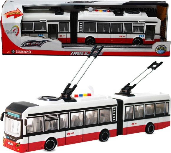 Miesto sąnarinis troleibusas 1:16 su inerciniu mechanizmu ir garsais – raudonas