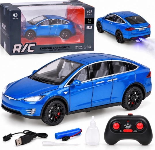 Nuotoliniu būdu valdomas automobilis Tesla Model X, mastelis 1:22, su LED žibintais ir rūko efektu