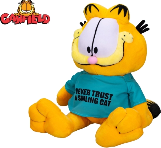Pliušinis katinas GARFIELD 28 cm – marškinėliai „Never trust a smiling cat“