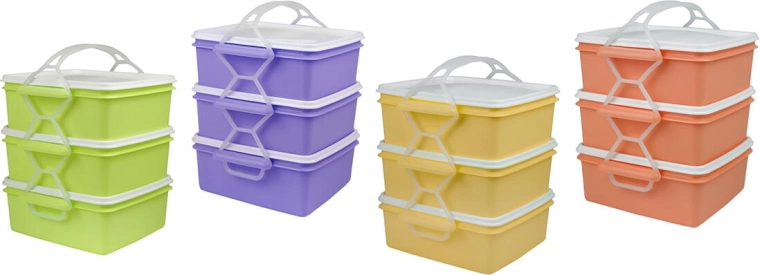 3-tier lunch carrier 3 × 1.2 l, square, plastic, mixed colors