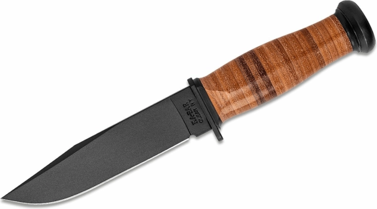 Taktinis peilis KA-BAR Mark 1, 12,8 cm, juodas, odinė rankena, odinis dėklas