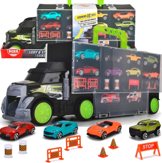 Dickie Toys Car Carrier and Case with Toy Cars and Road Accessories