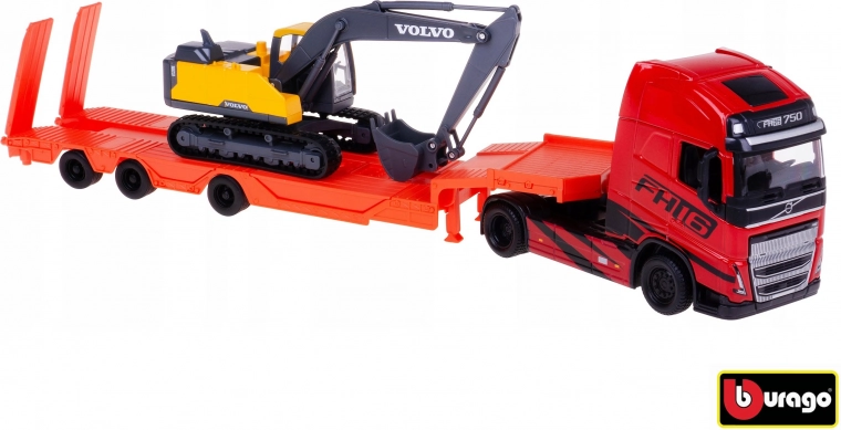 Bburago vilkikas Volvo FH16 Globetrotter su ekskavatorium Volvo EC220E 1:43
