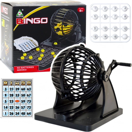 Šeimos bingo žaidimas su burtų traukimo aparatu, 80 kamuoliukų ir 20 kortelių